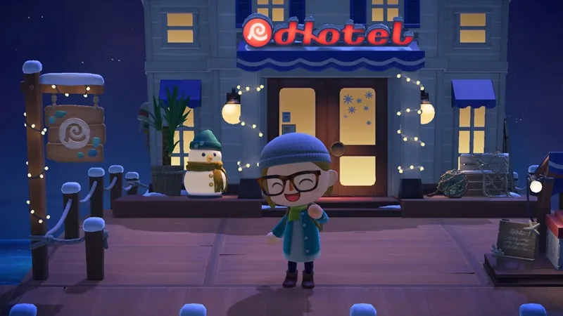 My character in front of my hotel in Animal Crossing