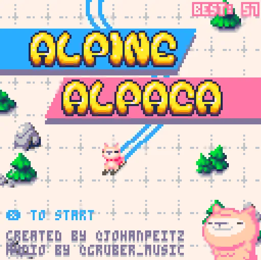 pixel art of the title menu for Alpine Alpaca showing a pink alpaca skiing