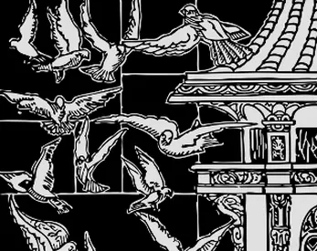 A black and white illustration of birds flying from a tower