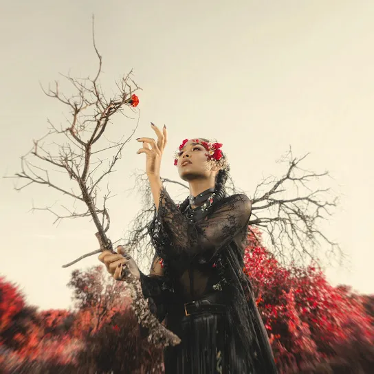 album cover featuring Melissa Bonny holding a branch with a red flower