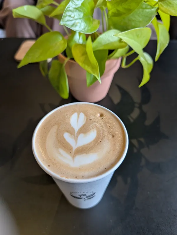a mocha with latte art in front of a plant