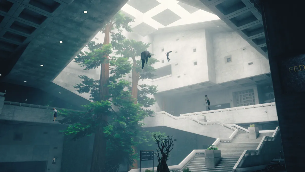 a Brutalist-style office building with people levitating