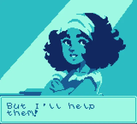 pixel art of a dark-haired woman wearing a kerchief and saying But I'll help them!