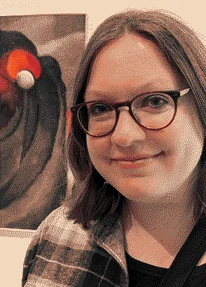 a dithered image of a woman with short hair and glasses