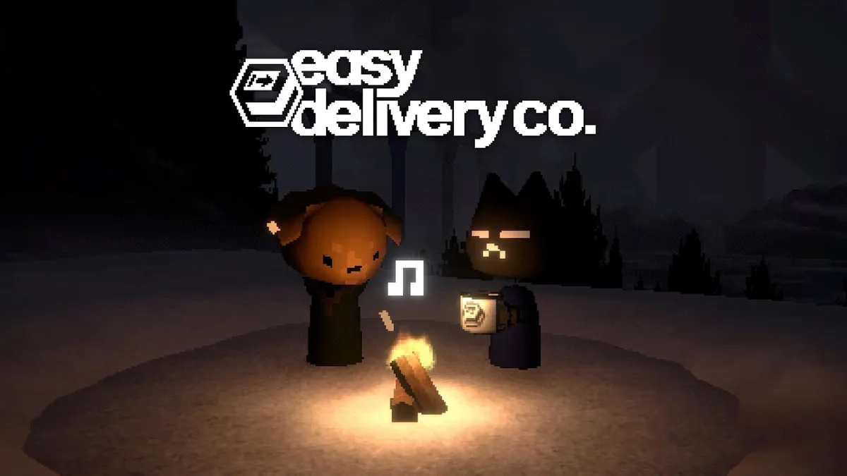 Easy Delivery Co title with a dog and a cat standing by a fire