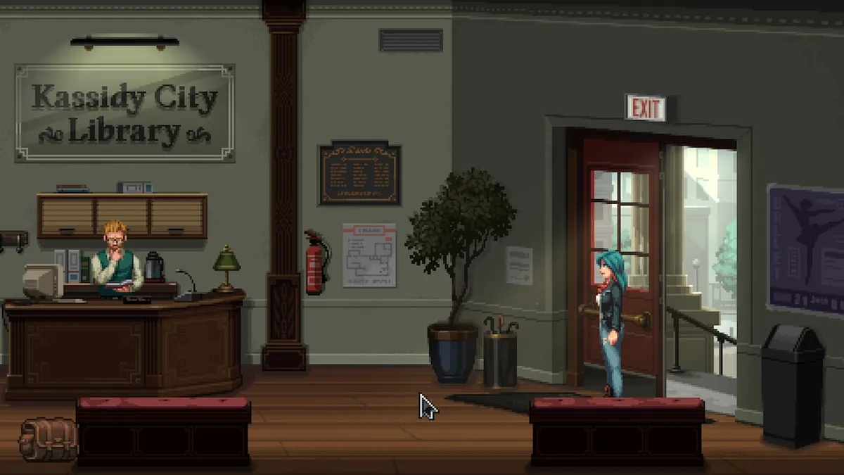 screenshot of the library from Kathy Rain 2