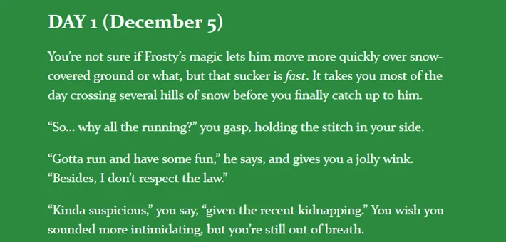 white text on a green background describing a humorous encounter with Frosty the Snowman