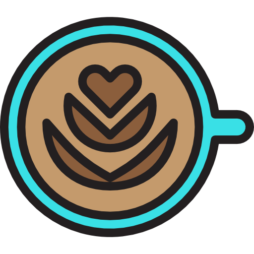 a cartoon illustration of latte art with a heart and two leaves