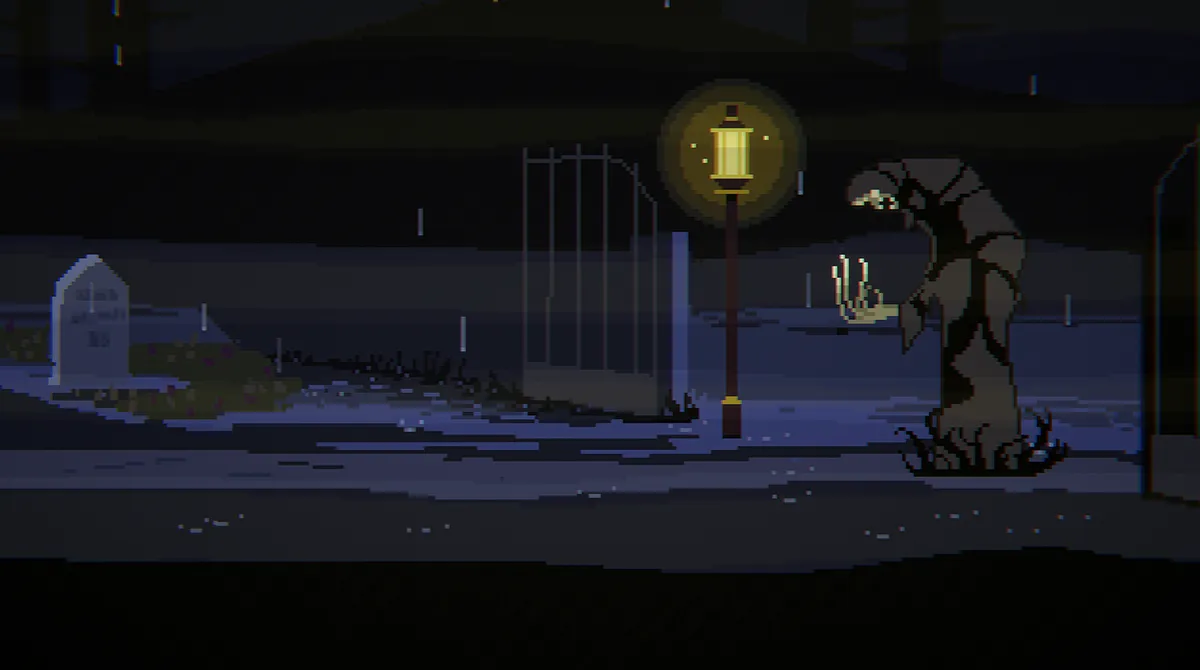 pixel art of a skeletal creature in a graveyard staring at their elongated fingers