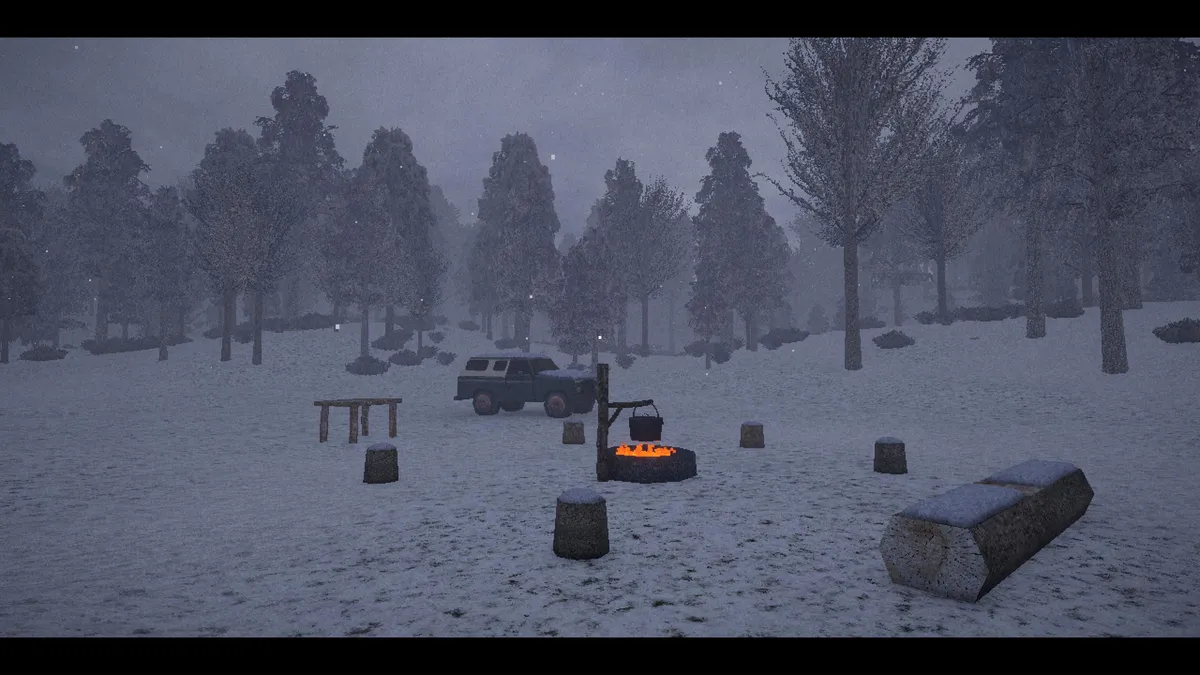 screenshot of a truck in a clearing of a snowy forest