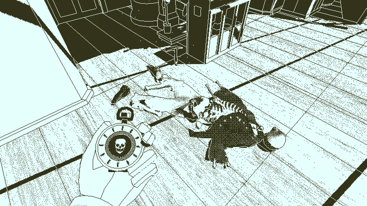 stippled black-and-white graphics showing a hand holding a compass in front of a skeletal corpse on a derelict ship