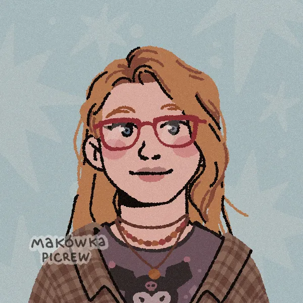 a digitally illustrated image of a woman with long blonde hair and blue eyes wearing a purple T-shirt with the Sanrio character Kuromi, a brown plaid button-up shirt, gold necklaces, and red glasses