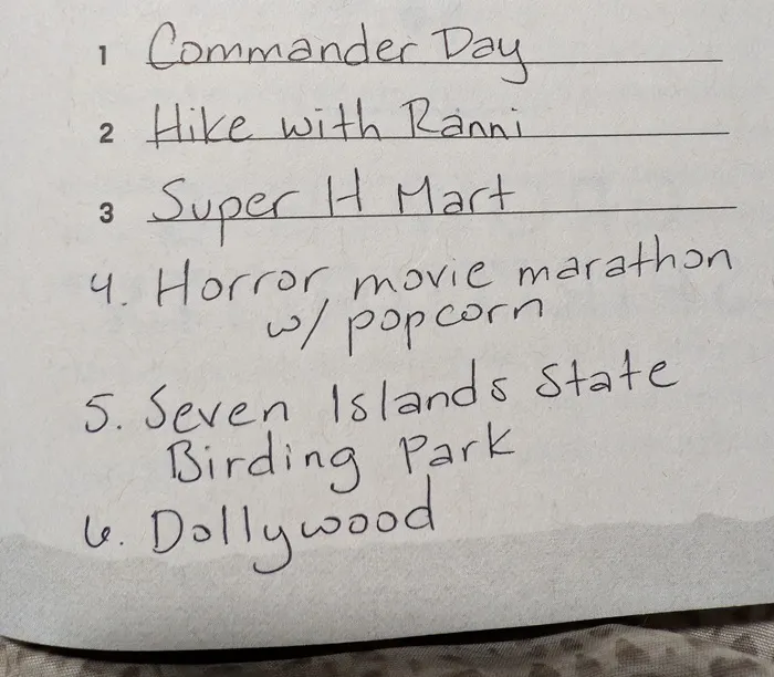 a handwritten list of the things Danny and I want to do together
