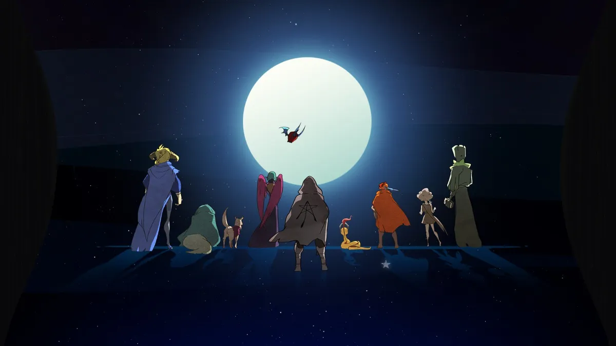 the characters of Pyre silhouetted against a bright blue moon