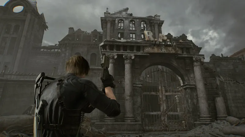 screenshot of Resident Evil Requiem of Leon in front of a derelict RPD