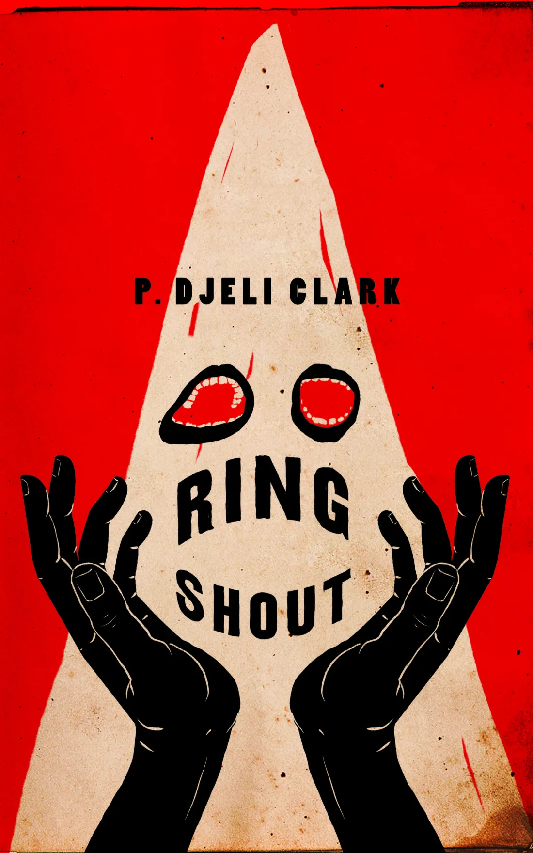 book cover for Ring Shout showing a white hooded figure with mouths for eyes