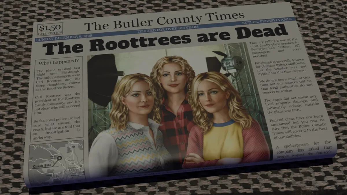 screenshot of a newspaper from The Roottrees Are Dead