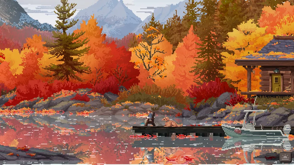 pixel art of a person sitting on a dock drinking coffee with a dog in front of an autumn forest and a cabin