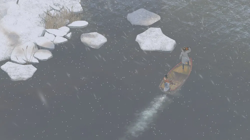 two men riding on a speedboat through icy waters