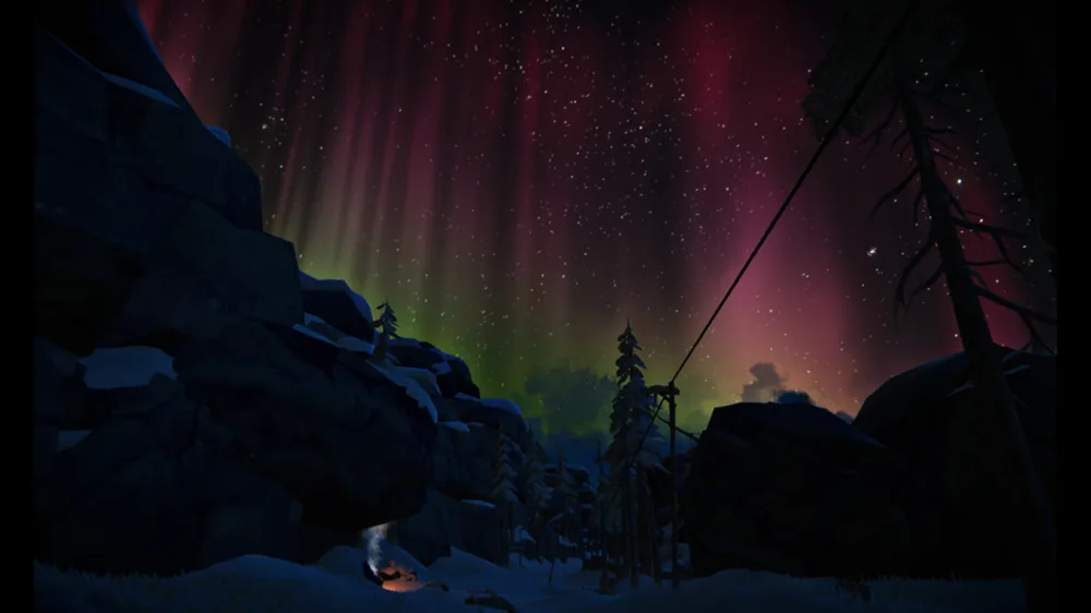 northern lights and a campfire in the snowy wilderness