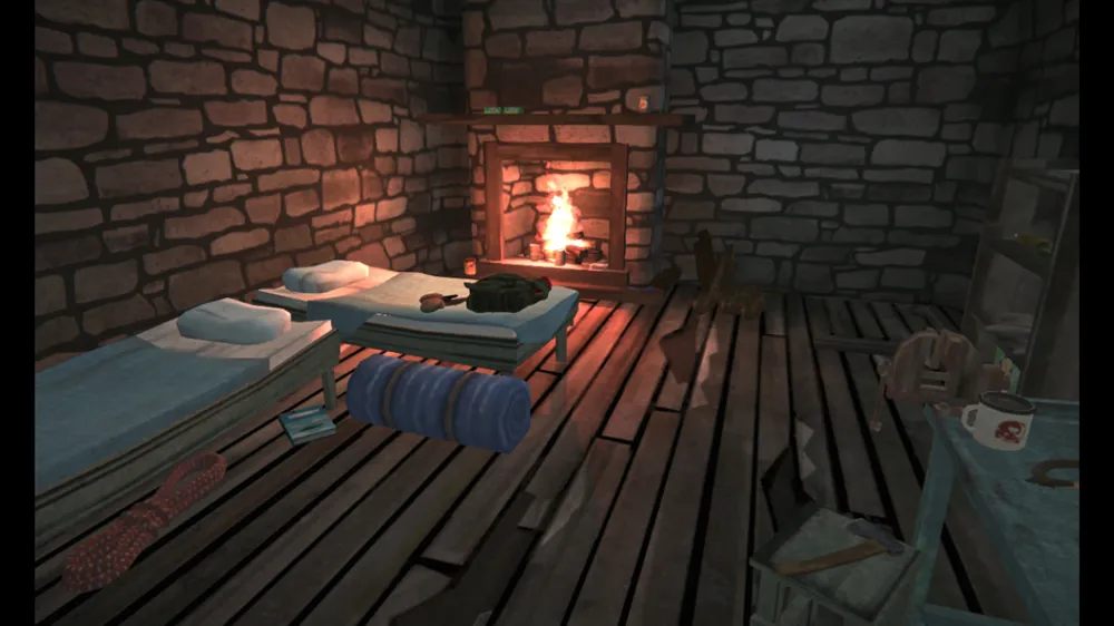a cabin with provisions placed around and a fire going in the fireplace