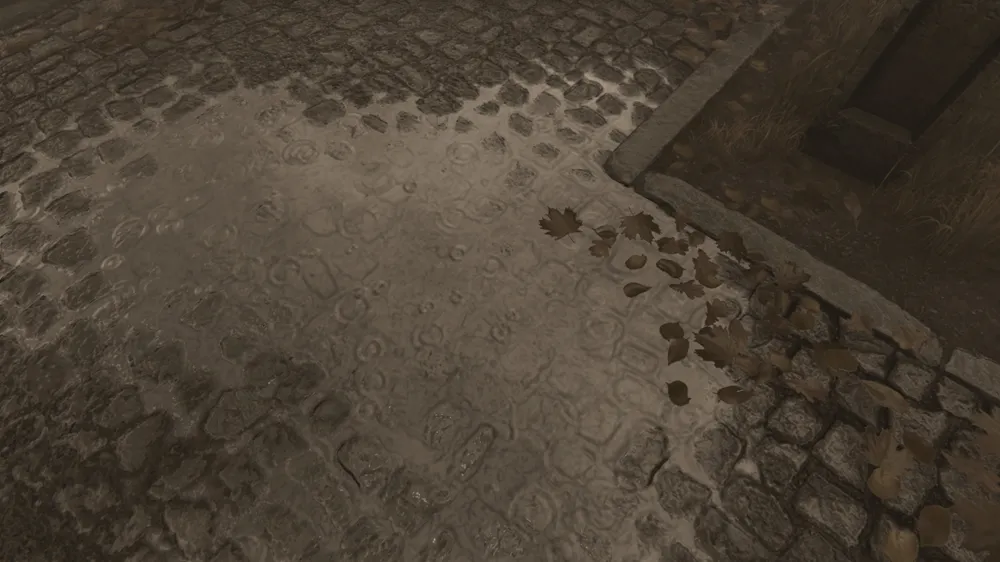 autumn leaves and a puddle of rain on cobblestones