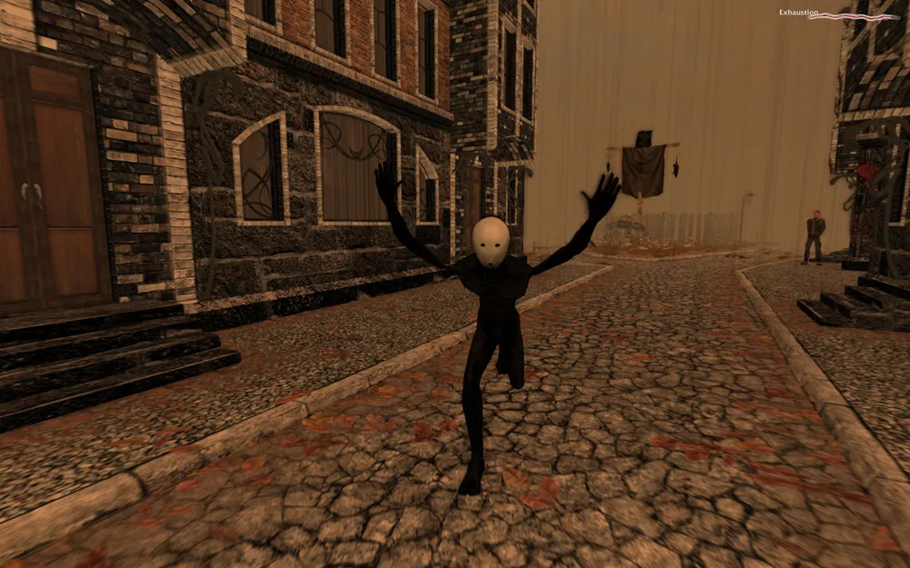 a masked creature running through the streets with hands in the air
