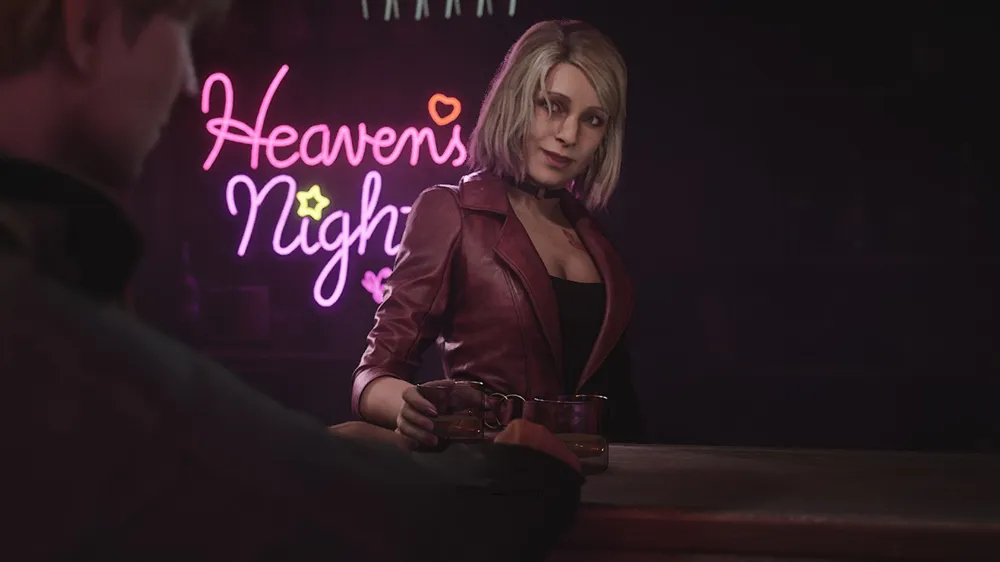 a woman serving a drink to a man at a bar in front of a sign that reads Heaven's Night