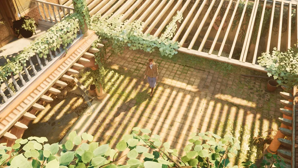 Emily walking through a courtyard lit by sunlight