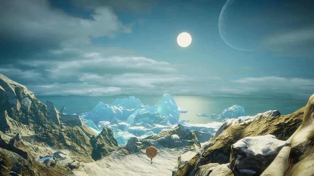 a hot air balloon landing on a mountaintop with glaciers in the distance