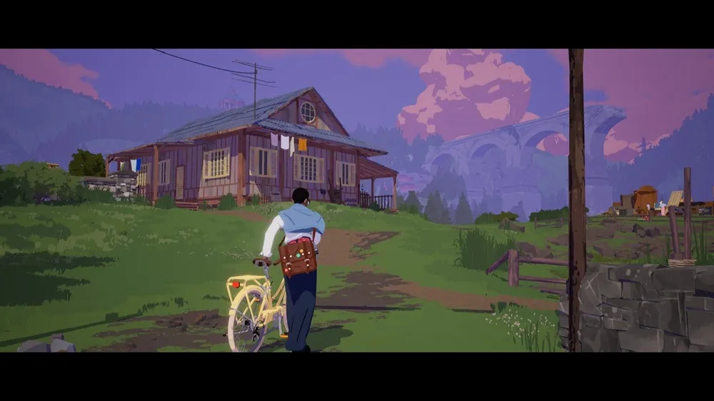 Estelle walking her bicycle toward a bespoke cabin