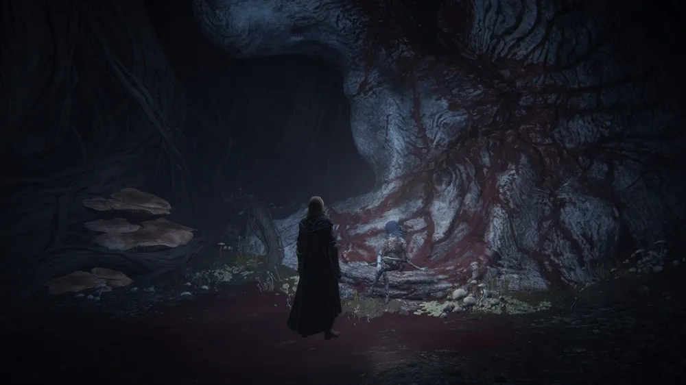 my character in Elden Ring standing in front of Ranni the Witch without her armor, surrounded by blood