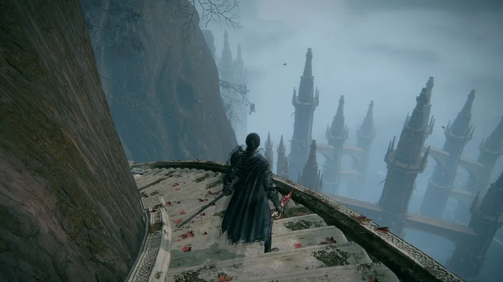 my character in Elden Ring on stairs strewn with leaves overlooking spires