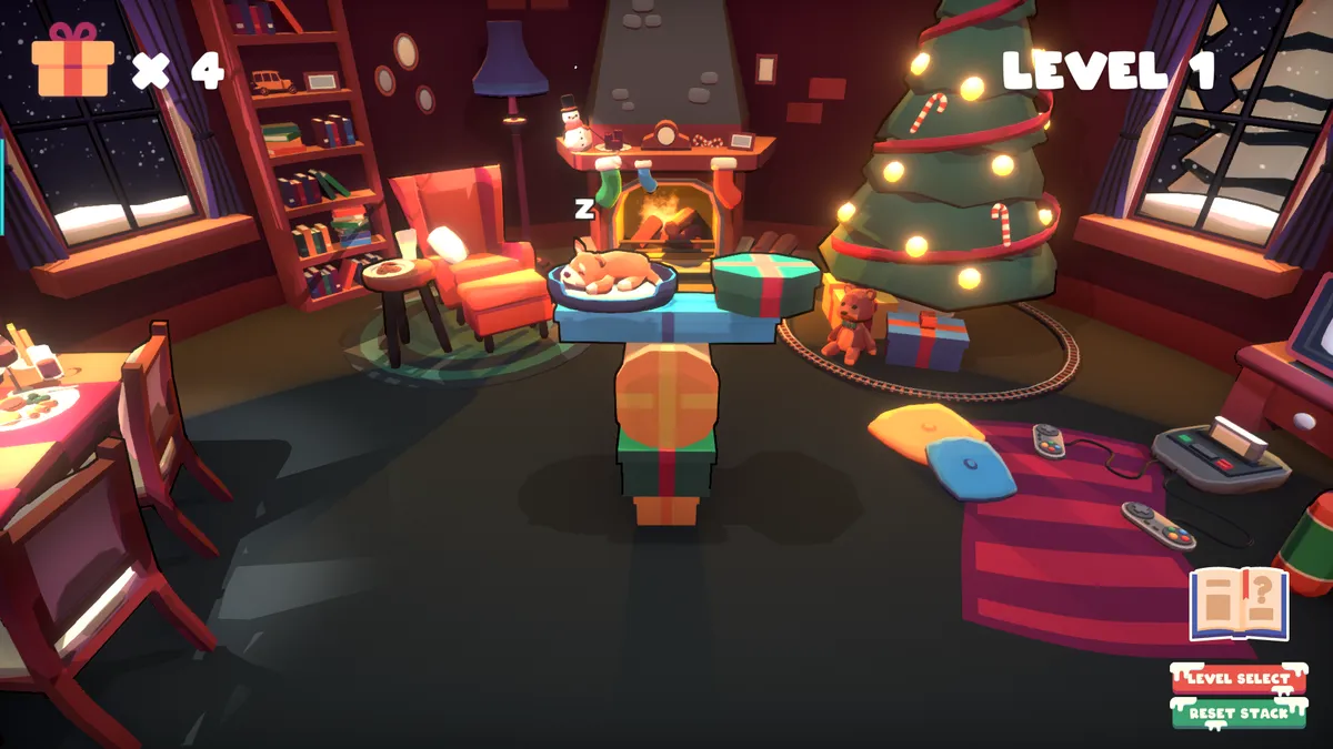 screenshot of a living room with a dog sleeping on top of a pile of Christmas presents