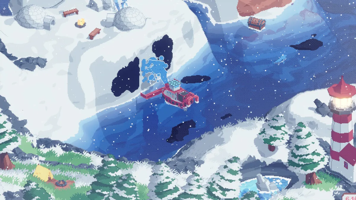 screenshot of a boat cleaning up a snowy ocean