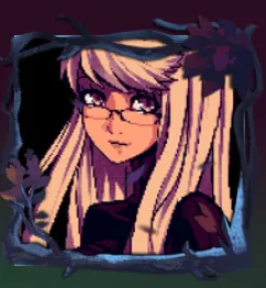 Alma Armas avatar framed by blue branches with dark purple flowers