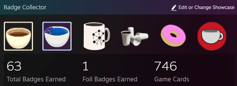 Steam badge showcase featuring various cafe-themed badges