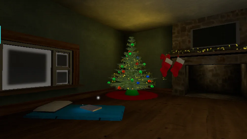 screenshot of a living room decorated for Christmas
