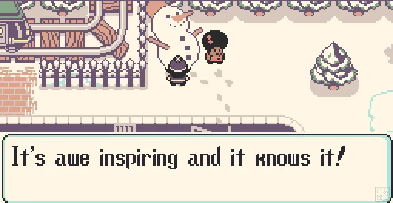 pixel art of a girl admiring a large snowman