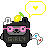 Black pixel bear with pink glasses, a lemon hat and a gaming controller in her hand