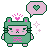 Green and pink pixel bear with kitty whiskers and a bow