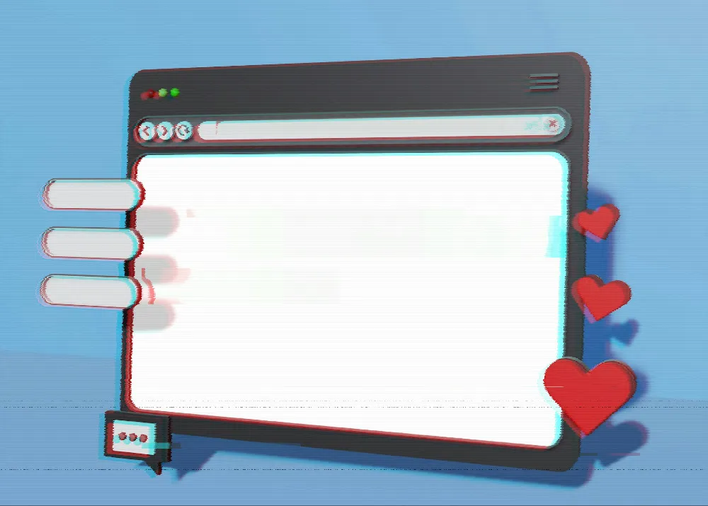"A 3d-like render of a browser window with a black frame. There are small red hearts emanating from it on the right side, and small text notification in the bottom left corner."