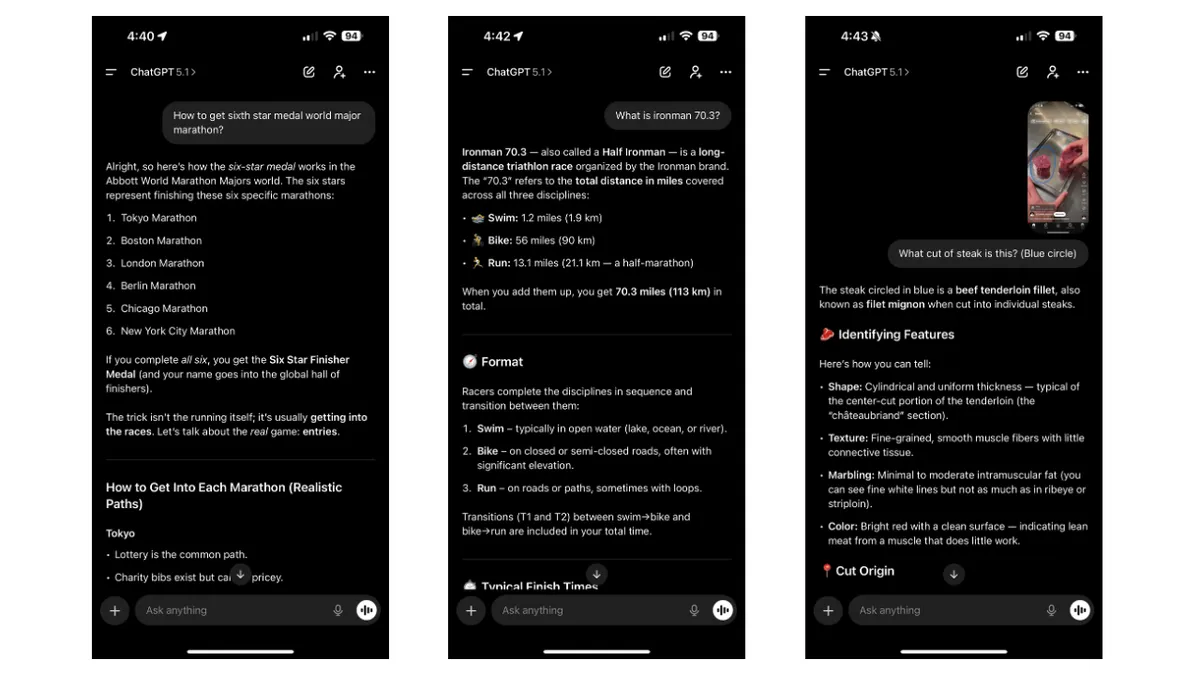 Three ChatGPT mobile app screenshots showing conversations about marathon training, Ironman 70.3 triathlon details, and identifying a cut of steak from a photo
