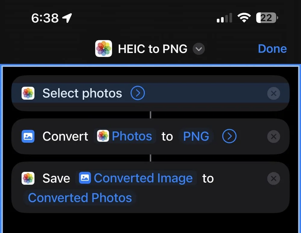iOS Shortcuts app showing a HEIC to PNG conversion workflow with three steps: Select photos, Convert Photos to PNG, and Save Converted Image to album