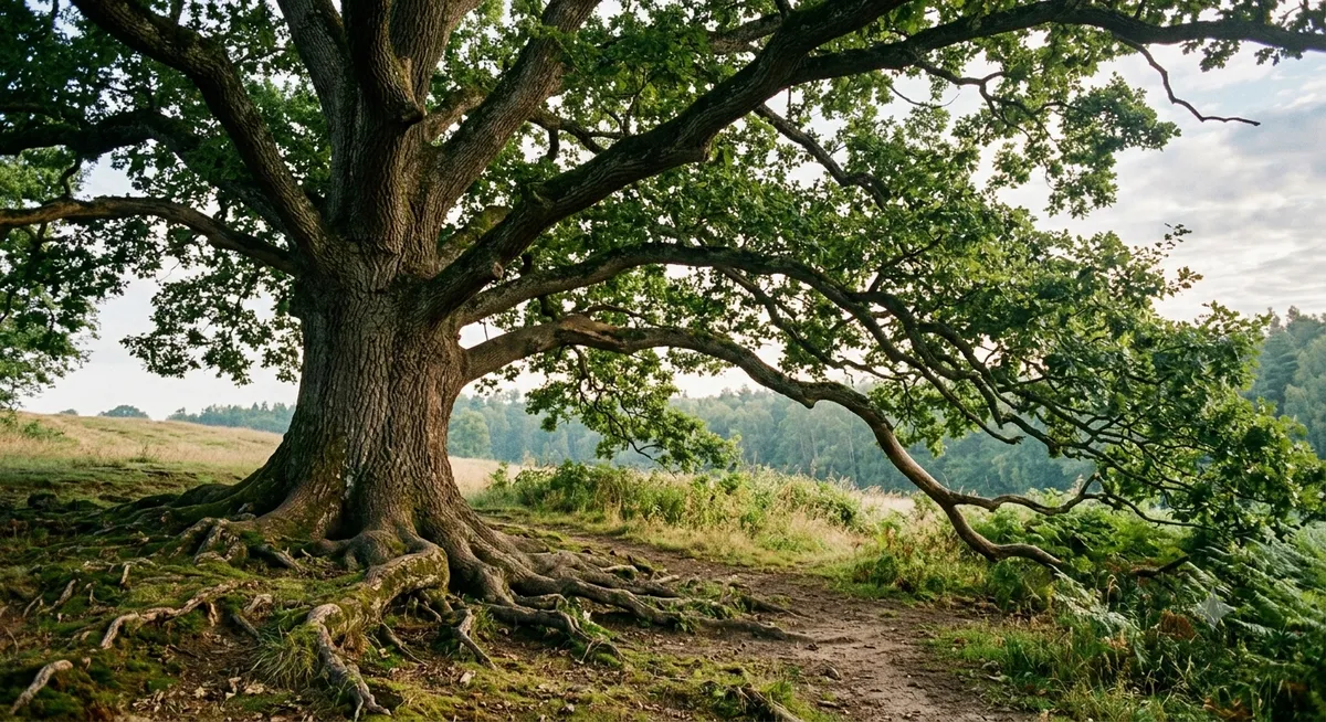 A large, old tree — wide trunk, deep roots, branches spread wide sheltering what’s beneath. It “bends, not breaks”