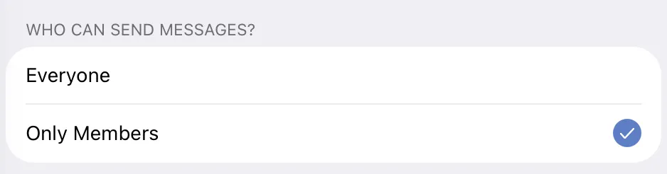 Telegram group settings showing “Who Can Send Messages?” with “Only Members” selected.