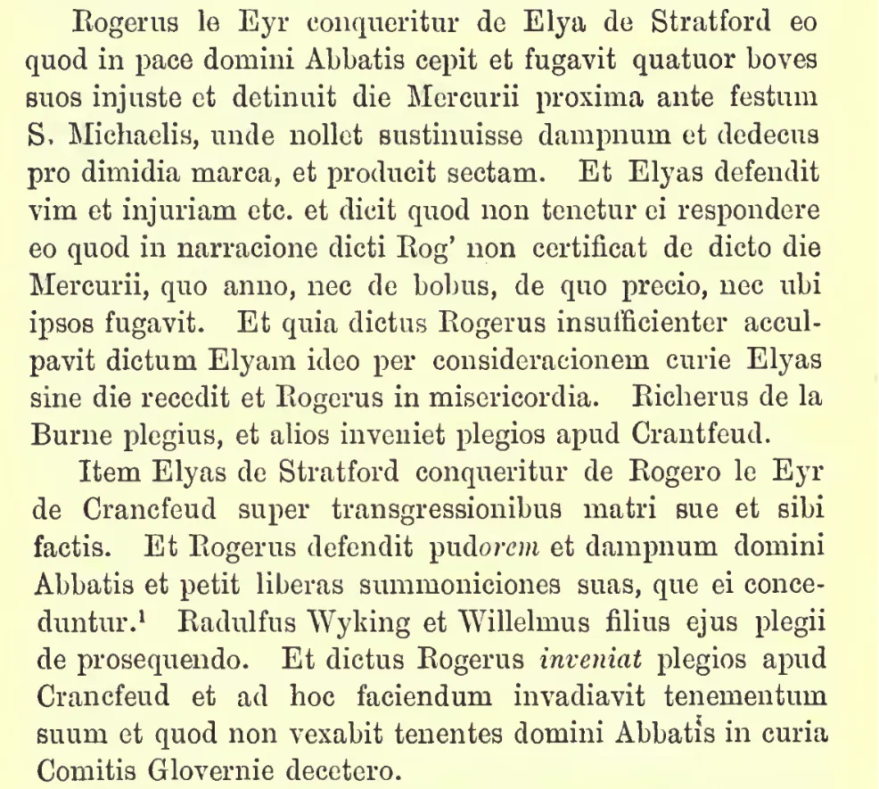 Broughton manor court roll from 1258 recording the dispute between Roger Eyre and Elias of Stratford
