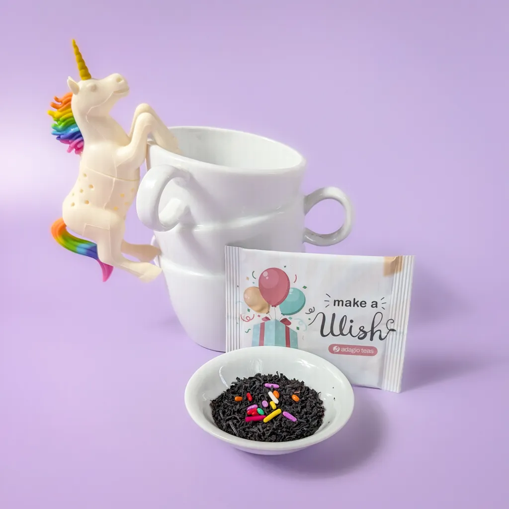 Birthday cake tea and a unicorn tea strainer.