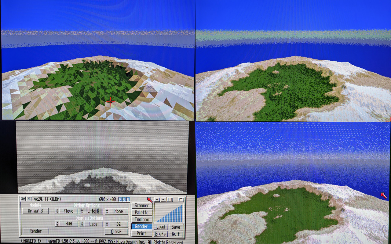 Clockwise from top left: A low-poly quick render of a crater in an ocean, a higher poly HAM render with stippled horizon, A hires-laced 32 colour Floyd-Steinberg dithered preview render of a 24-bit image that looks better than the Vista HAM preview, and A greyscale view of the 24-bit IFF version of the 2nd render loaded into ImageFX