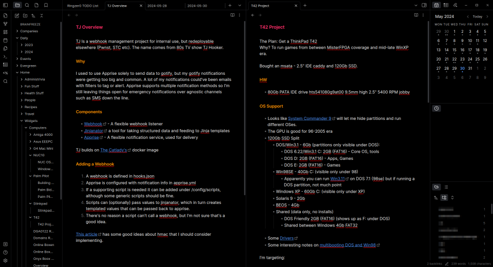 My Two-pane Obsidian layout with sidebars and tabs